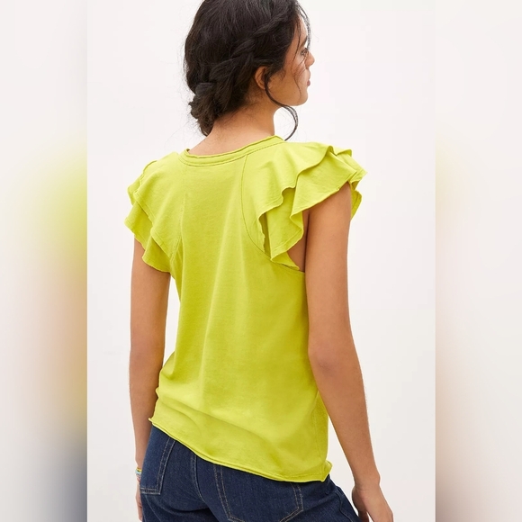 MAEVE Anthropologie Chartreuse Flutter Sleeve V-Neck Tee Size Medium - Picture 3 of 10